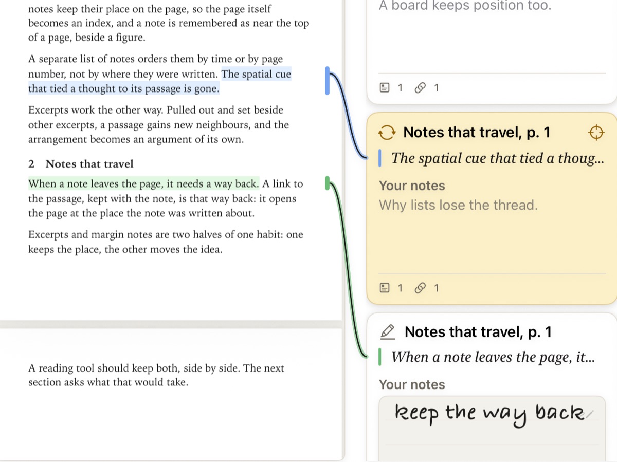 A PDF on a board with highlight cards beside their passages; one card's note is handwritten.