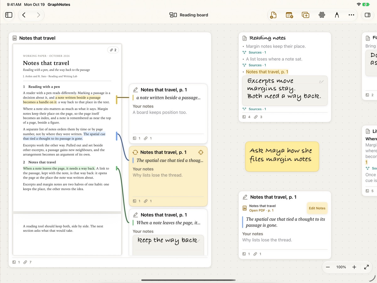 A GraphNotes reading board on iPad: a research paper with its highlights, each highlight's notes beside its passage, a doc of reading notes with a handwritten title and handwritten lines, and a handwritten sticky note.