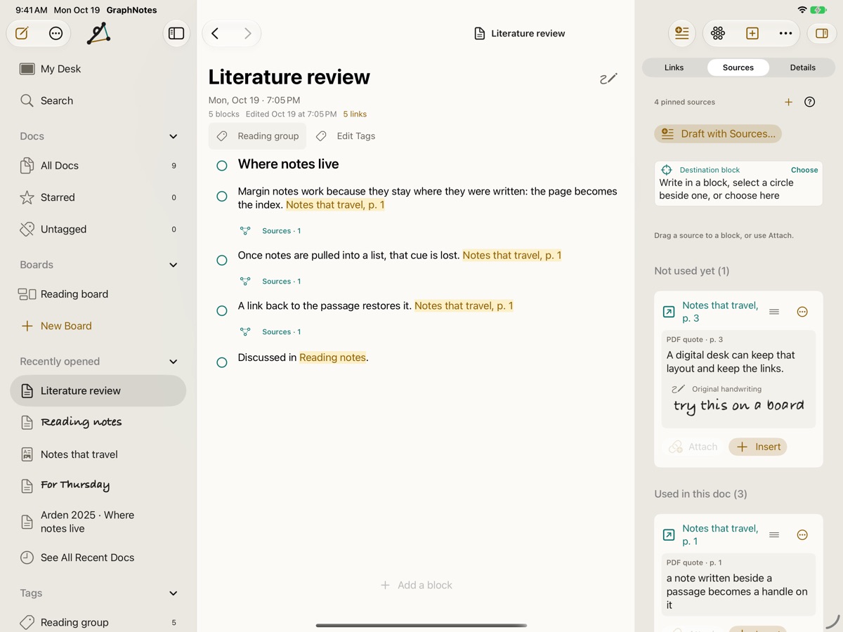 A literature review doc with the Sources tab open, listing the highlights it cites and the ones not used yet.
